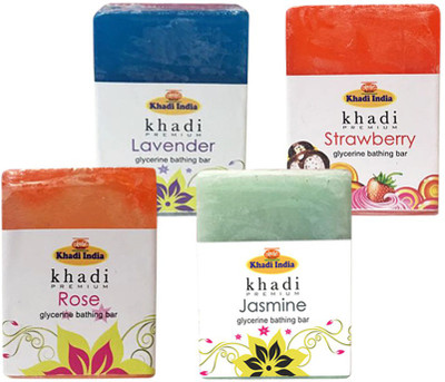 

Kangra Valley Khadi Premium Glycerine Bathing Bar, 125g each (Pack of 4) - Rose, Lavender, Jasmine, Strawberry(500 g, Pack of 4)