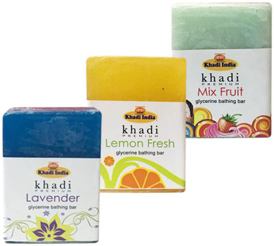 

Kangra Valley Khadi Premium Glycerine Bathing Bar, 125g each (Pack of 3) - Lavender, Lemon Fresh, Mix Fruit(375 g, Pack of 3)