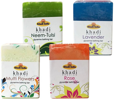 

Kangra Valley Khadi Premium Glycerine Bathing Bar, 125g each (Pack of 4) - Multi Flowers, Neem-Tulsi, Rose, Lavender(500 g, Pack of 4)