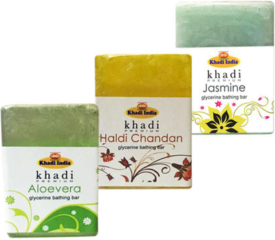 

Kangra Valley Khadi Premium Glycerine Bathing Bar, 125g each (Pack of 3) - Aloevera, Haldi Chandan, Jasmine(375 g, Pack of 3)