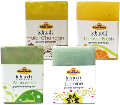 

Kangra Valley Khadi Premium Glycerine Bathing Bar, 125g each (Pack of 4) - Aloevera, Haldi Chandan, Jasmine, Lemon Fresh(500 g, Pack of 4)