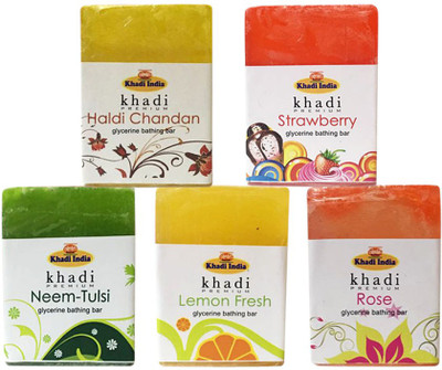 

Kangra Valley Khadi Premium Glycerine Bathing Bar, 125g each (Pack of 5) - Haldi Chandan, Strawberry, Neem-Tulsi, Lemon Fresh, Rose(625 g, Pack of 5)
