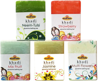 Kangra Valley Khadi Premium Glycerine Bathing Bar, 125g each (Pack of 5) - Neem-Tulsi, Strawberry, Mix Fruit, Jasmine, Multi Flowers(625 g, Pack of 5)
