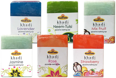 

Kangra Valley Khadi Premium Glycerine Bathing Bar, 125g each (Pack of 6) - Jasmine, Lavender, Rose, Neem-Tulsi, Strawberry, Mix Fruit(750 g, Pack of 6)