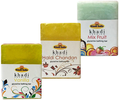 

Kangra Valley Khadi Glycerine Bathing Bar, 125g each (Pack of 3) - Vanilla, Haldi Chandan, Mix Fruit(375 g, Pack of 3)