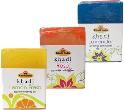 

Kangra Valley Khadi Premium Glycerine Bathing Bar, 125g each (Pack of 3) - Lemon Fresh, Rose, Lavender(375 g, Pack of 3)