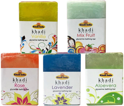 

Kangra Valley Khadi Premium Glycerine Bathing Bar, 125g each (Pack of 5) - Vanilla, Mix Fruit, Rose, Lavender, Aloevera(625 g, Pack of 5)