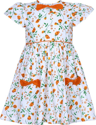 Sambu Girls Midi/Knee Length Casual Dress(White, Half Sleeve