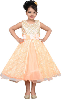 

P.R. Creation Girls Maxi/Full Length Party Dress(Multicolor, Sleeveless, Orange