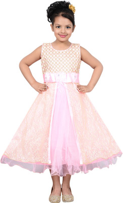 

P.R. Creation Girls Maxi/Full Length Party Dress(Multicolor, Sleeveless, Pink