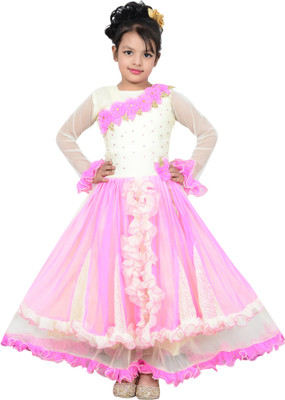 P.R. Creation Girls Maxi/Full Length Party Dress(Multicolor, Sleeveless, Cream