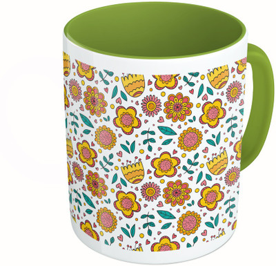 

MiiCreations Printed Two Tone Green And White Flower and Leaves Pattern Ceramic Mug(325 ml)