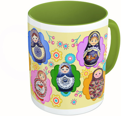 

MiiCreations Printed Two Tone Green And White Printed Russian Dolls Ceramic Mug(325 ml)