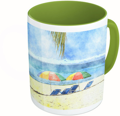 MiiCreations Printed Two Tone Green And White Goa Beach Painting Ceramic Mug(325 ml)
