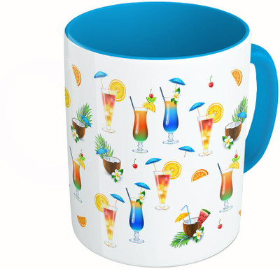 MiiCreations Printed Two Tone Blue And White Coctails Pattern Ceramic Mug(325 ml)