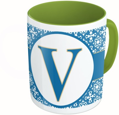 

MiiCreations Printed Two Tone Green And White Alphabet Letter "V" Ceramic Mug(325 ml)