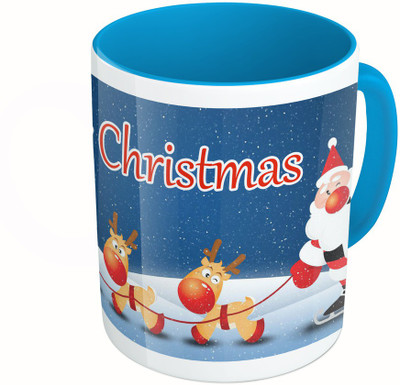 MiiCreations Printed Two Tone Blue And White Marry Christmas Ceramic Mug(325 ml)