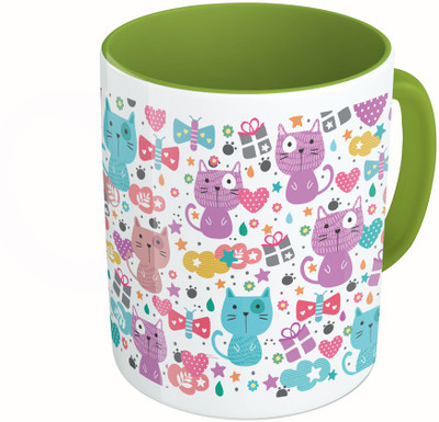 

MiiCreations Printed Two Tone Green And White Cute Cat Faces Ceramic Mug(325 ml)