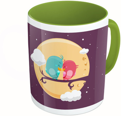 

MiiCreations Printed Two Tone Green And White Love Birds Ceramic Mug(325 ml)
