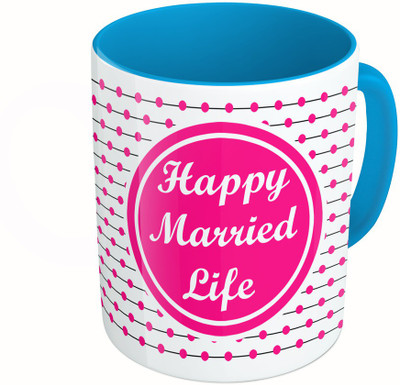 MiiCreations Printed Two Tone Blue And White Happy Marreid Life Ceramic Mug(325 ml)