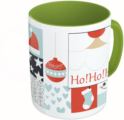 

MiiCreations Printed Two Tone Green And White Marry Christmas Collarge Ceramic Mug(325 ml)