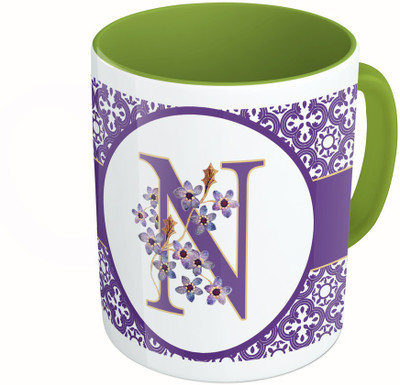 MiiCreations Printed Two Tone Green And White Alphabet Letter "N" Ceramic Mug(325 ml)