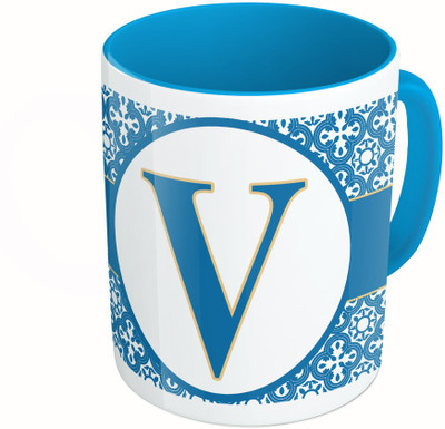 

MiiCreations Printed Two Tone Blue And White Alphabet Letter "V" Ceramic Mug(325 ml)