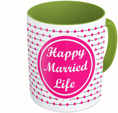 

MiiCreations Printed Two Tone Green And White Happy Marreid Life Ceramic Mug(325 ml)