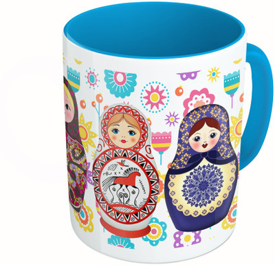 

MiiCreations Printed Two Tone Blue And White Russian Dolls Ceramic Mug(325 ml)