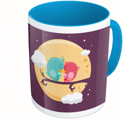 MiiCreations Printed Two Tone Blue And White Love Birds Ceramic Mug(325 ml)