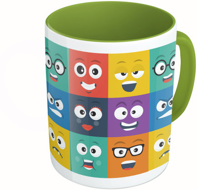 

MiiCreations Printed Two Tone Green And White Smilies Ceramic Mug(325 ml)