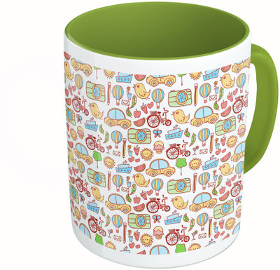 

MiiCreations Printed Two Tone Green And White Cartoons City Elements Pattern Ceramic Mug(325 ml)