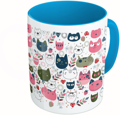 

MiiCreations Printed Two Tone Blue And White Cat Faces Pattern Ceramic Mug(325 ml)