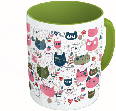

MiiCreations Printed Two Tone Green And White Cat Faces Pattern Ceramic Mug(325 ml)