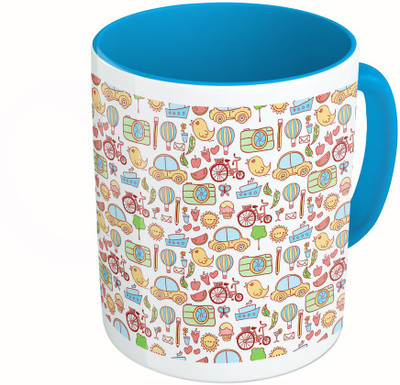 

MiiCreations Printed Two Tone Blue And White Cartoons City Elements Pattern Ceramic Mug(325 ml)