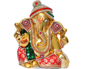 

Sanyal Hand Made Ganpati Murti Golder Colore with Dimond and Moti Handycraft work Decorative Showpiece - 19 cm(Gold Finish, Multicolor)