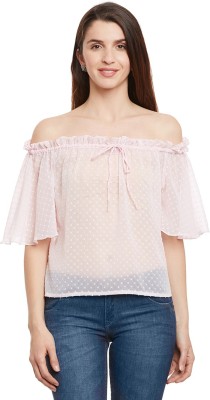 Miss Chase Casual Short Sleeve Solid Women Pink Top