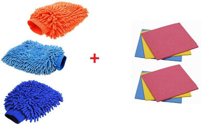 

bajrang Combo of Wet and Dry Microfiber Glove (03 pcs.) and Sponge Wipe(06 pcs.) Home Cleaning Set