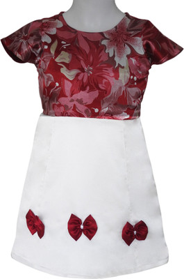 

ShuSamSmith Girls Midi/Knee Length Casual Dress(White, Cap Sleeve, White & maroon