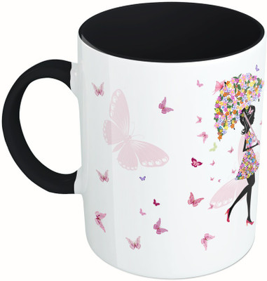 

MiiCreations Printed Two Tone Black And White Beautiful Butterfly Girl Ceramic Mug(325 ml), Multicolor