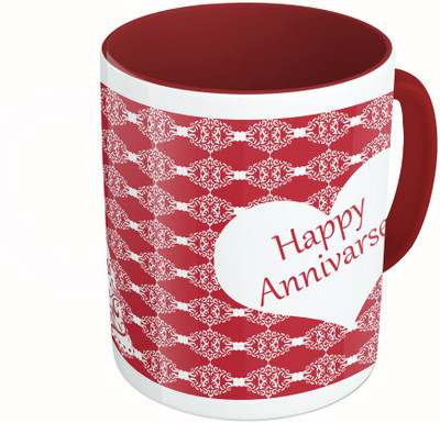 

MiiCreations Printed Two Tone Maroon And White Happy Annivarsery Ceramic Mug(325 ml)