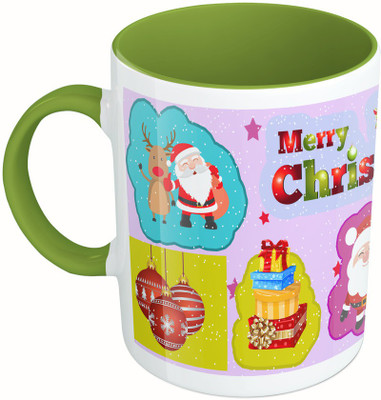 

MiiCreations Printed Two Tone Green And White Christmas Wishes Ceramic Mug(325 ml), Multicolor