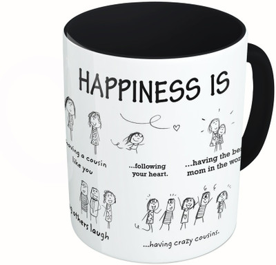 

MiiCreations Printed Two Tone Black And White Happiness Quotes Ceramic Mug(325 ml), Multicolor