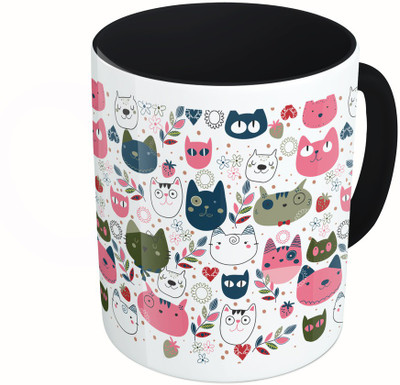 

MiiCreations Printed Two Tone Black And White Cat Faces Pattern Ceramic Mug(325 ml), Multicolor