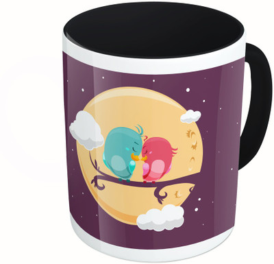 

MiiCreations Printed Two Tone Black And White Love Birds Ceramic Mug(325 ml), Multicolor
