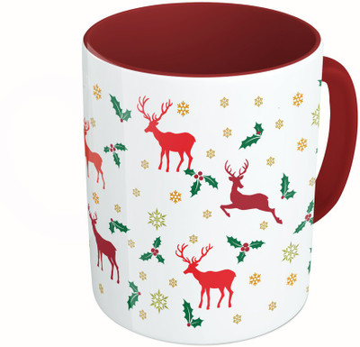 

MiiCreations Printed Two Tone Maroon And White Christmas Pattern Ceramic Mug(325 ml)