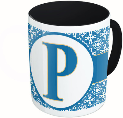 MiiCreations Printed Two Tone Black And White Alphabet Letter "P" Ceramic Mug(325 ml), Multicolor