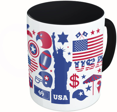 

MiiCreations Printed Two Tone Black And White USA Elements Ceramic Mug(325 ml), Multicolor