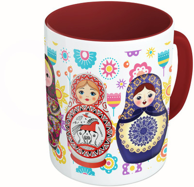 

MiiCreations Printed Two Tone Maroon And White Russian Dolls Ceramic Mug(325 ml)
