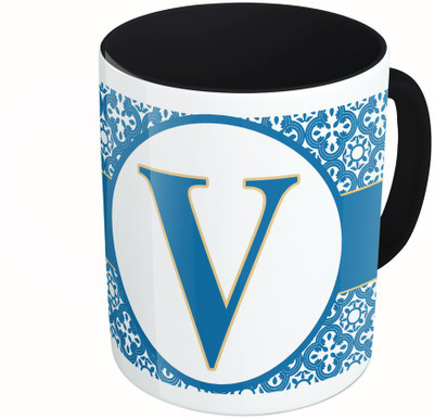 

MiiCreations Printed Two Tone Black And White Alphabet Letter "V" Ceramic Mug(325 ml), Multicolor